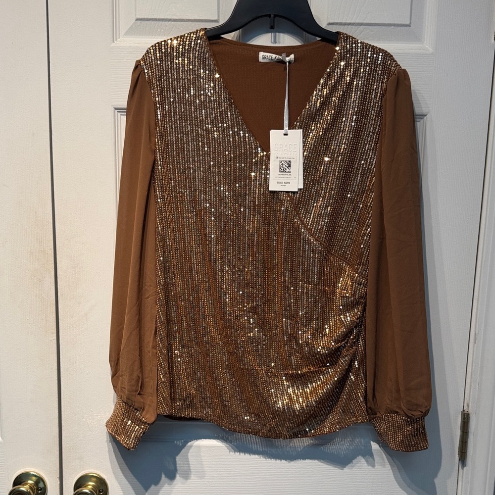 NWT  Bronze Sequin V-Neck Blouse